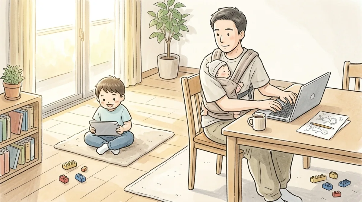 育休中の平日の昼。抱っこ紐で赤ちゃんを抱えながらノートPCに向かう