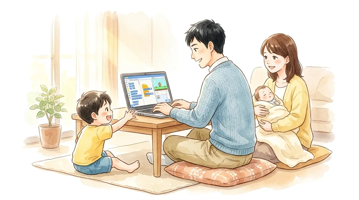 息子向けのゲームを作る父親と、それを見守る家族