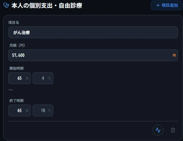 個別の医療費として「がん治療費」を開始55歳・終了59歳・月5万円で上書きした設定例