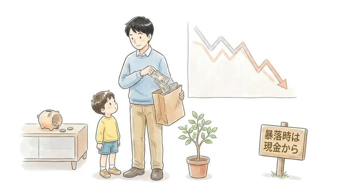 暴落中に株を売らず、現金から生活費を出すイメージ